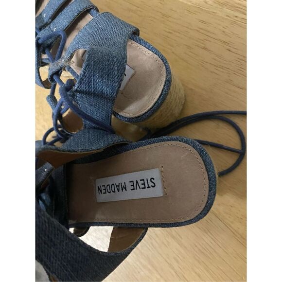Steve Madden Braylin denim strappy lace up platform wedge shoes size 7 - Picture 5 of 8